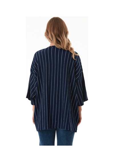 Fullamoda Çizgili Bürümcük Kumaş Kimono Lacivert
