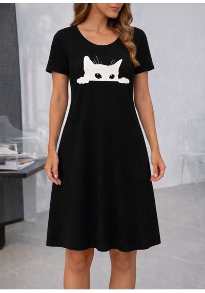 Butik İstanbul Kadın Kısa Kollu Bisiklet Yakalı Kedi Desenli Viskon Kısa Elbise Siyah Butik İstanbul Kadın Kısa Kollu Bisiklet Yakalı Kedi Desenli Viskon Kısa Elbise Siyah