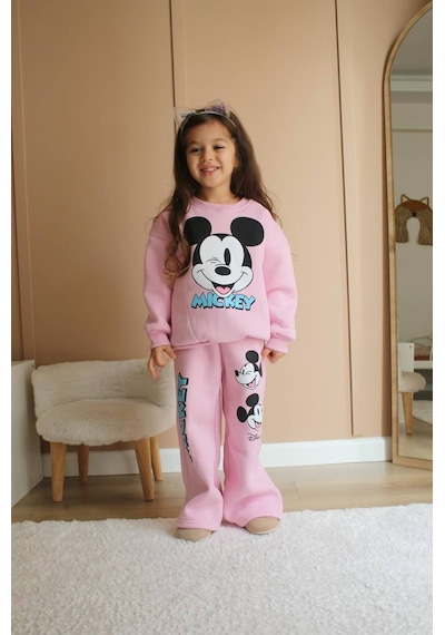 Kız Çocuk Pudra Pembe Renk Pamuklu 3 İplik Şardonlu Mickey Baskılı Alt Üst Takım Pembe