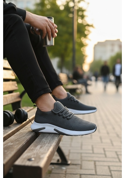 Enoch Ortopedik Bağcıksız Görünümlü Örgülü Sneaker Füme - Beyaz
