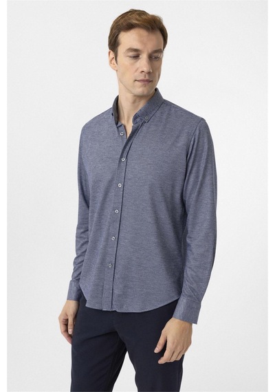 Süvari Lacivert Slim Fit Armürlü Düğmeli Yaka Gömlek-34584 Lacivert