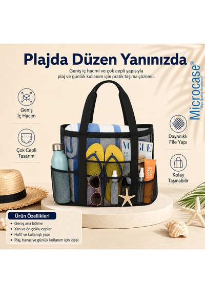 Microcase 5 Gözlü Kum Tutmayan Hafif Plaj Kumsal Havuz Tatil Çantası 2 Ad Al5633 Siyah