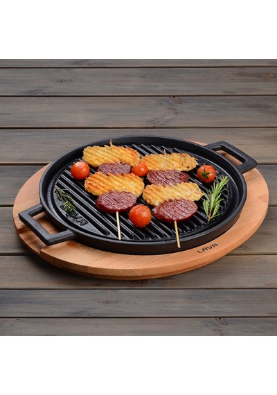 Lava Döküm Yuvarlak Griddle Çift Yön Izgara Tavası Metal Kulplu