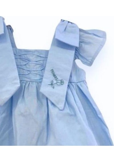 Çikoby Kız Bebek Omuzları Fiyonklu Dokuma Elbise-13766 Mavi