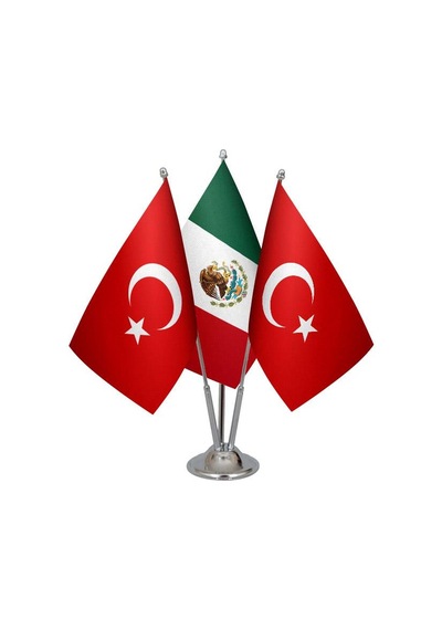 Masa Üstü Meksika Bayrağı Türk Bayrağı Üçlü Krom Direk Masa Bayra