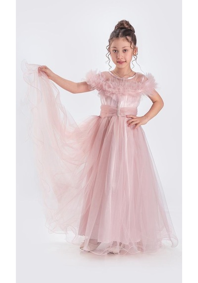 Mnk Baby & Kids Uzun Etek Kız Çocuk Robası Şifon Abiye M00723 Pudra