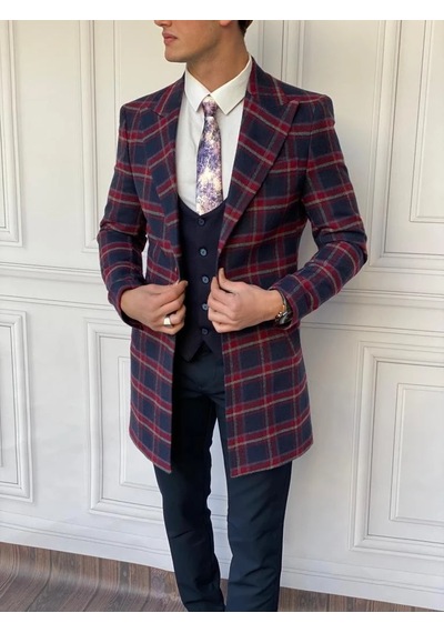 Modefendi Slim Fit İtalyan Kesim Ekose Kaşe Kaban Lacivert