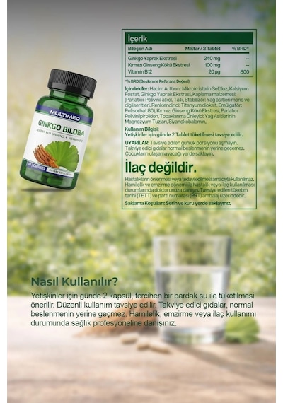 Multimed Ginkgo Biloba + Ginseng + Vitamin B12 120 Kapsül