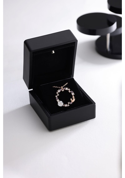 925 Ayar Gümüş Işıklı Kutuda Manolya Çiçeği Işıltılı Daire Model Kolye Rose Gold