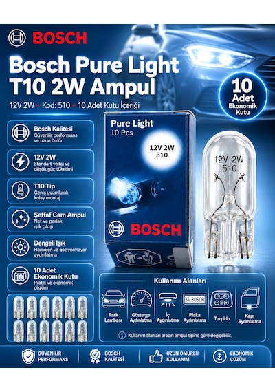 Bosch T10 W5w 2w 12v Pure Light Ampul 10 Adet Set Kod 510 Park Plaka İç Aydınlatma Gösterge Ampulü