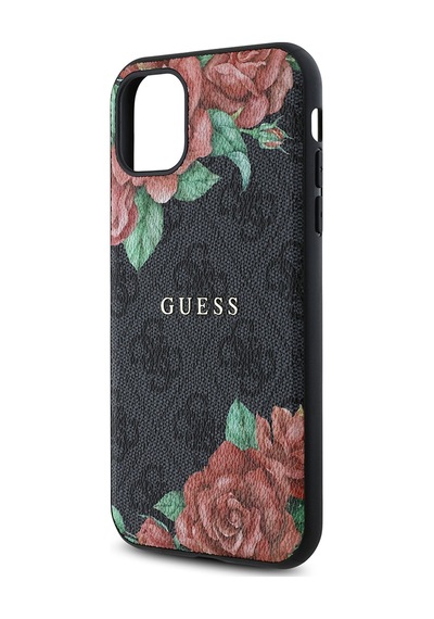 Apple Uyumlu iPhone 11 Kılıf Guess Lisanslı Magsafe Gül Baskılı 4g Desenli Yazı Logolu Kapak Siyah