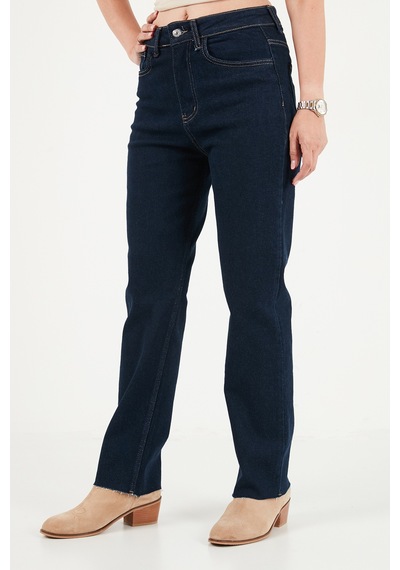 Lela Pamuklu Yüksek Bel Düz Paça Jeans Kadın Kot Pantolon 7031007 Koyu Mavi