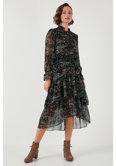 Lela Regular Fit Yaka Detaylı Volanlı Şifon Midi Bayan Elbise 611El1448 Yeşil