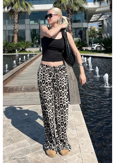 Madmext Krem Ayarlanabilir Bel Leopar Desenli Bol Paça Pantolon Mg2095-krem Krem