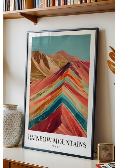 Rainbow Mountains Peru Vintage Seyahat Posteri Çerçeveli Tablo - Premium Gökkuşağı Dağları Dekor Siyah