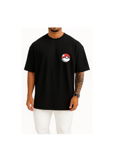 Bahriyeli Collection Oversize Chikorita Cep Ve Sırt Tasarımlı Unisex T-shirt Siyah