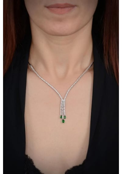 Kadın Gümüş Set - Berva Yeşil Taşlı Su Yolu Set • Işıklı Kutuda • Düğün • Nişan • Gelin Seti