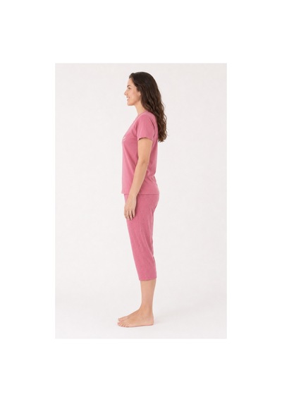 Pijamask Kadın Gül Kurusu Positive Baskılı Kısa Kollu Kapri Pijama Takımı Pamuklu Yazlık Ev Giyimi P14-50 Pembe