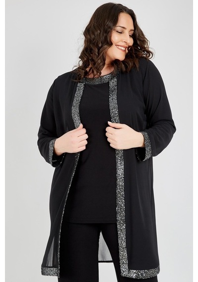 Ladies First Büyük Beden 3717 Siyah Gümüş Ceket+Bluz Ikili Takım