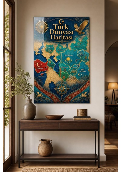Türk Dünyası Haritası Baskılı Cam Tablo Uv Baskı Dekoratif Duvar Tablosu