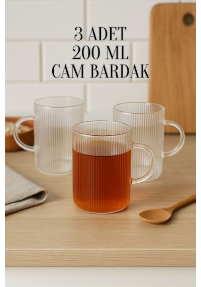 3 Adet Çizgili Kulplu Isıya Dayanıklı Borosilikat Cam Kahve Çay Bardak - 200 Ml Cam Çay Bardağı Şeffaf
