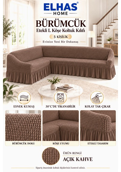 Bürümcük Kumaş 5 Kişilik Etekli L Köşe Koltuk Kılıfı Açık Kahve - 934819522 Açık Kahve