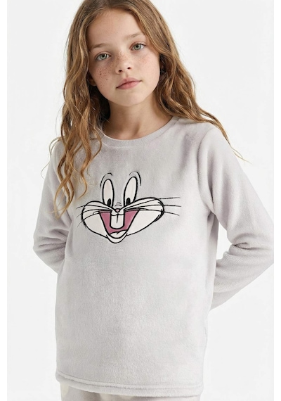 Defacto Kız Çocuk Looney Tunes Pijama Takımı Nakışlı Pelüş Uzun Kollu Üst Uzun Alt D1069a825wngr294 Gri