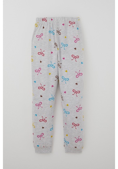 Paty Kıds Kız Çocuk Pijama Takımı Kısa Kollu Renkli Fiyonklu & Kalp Desenli 8-12 Yaş, Açık Gri Melanj