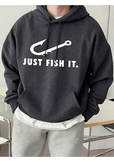 Startmore Startmorejust Fish It Balık Kancası Desenli Baskılı Erkek Kapüşonlu Sweatshirt Moda Polar Sıcak Kazak Antrasit