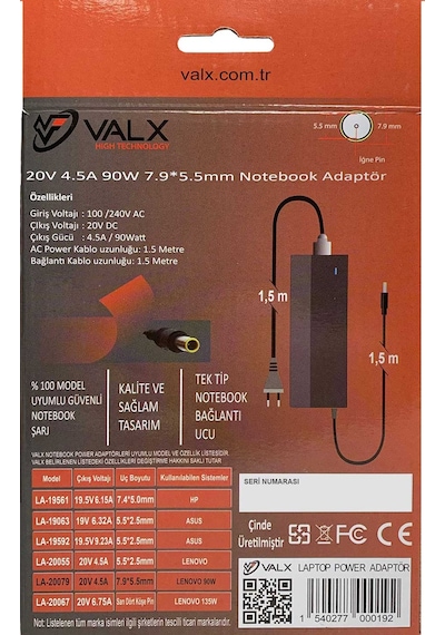 Herbirivar Valx La-20079 20V 4.5A 7.9x5.5 MM Notebook Adaptör
