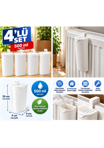4'lü Kalorifer Suluğu Seti 500 Ml Petek Üstü Su Haznesi Kolay Montaj Beyaz