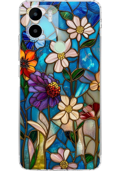 Printify Redmi A1 Plus İle Uyumlu Vitray Mavi Bahar Tasarımlı Şeffaf Silikon Kılıf Şeffaf