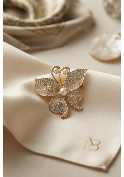 Zirkon Taşlı Gold Renk Kelebek Model Broş Altın