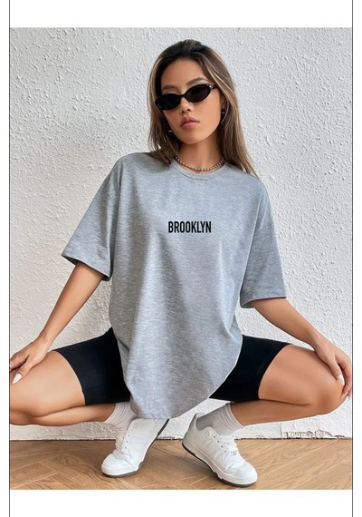 Medinenur Brooklyn Baskılı Unisex Bisiklet Yaka T-shirt Gri