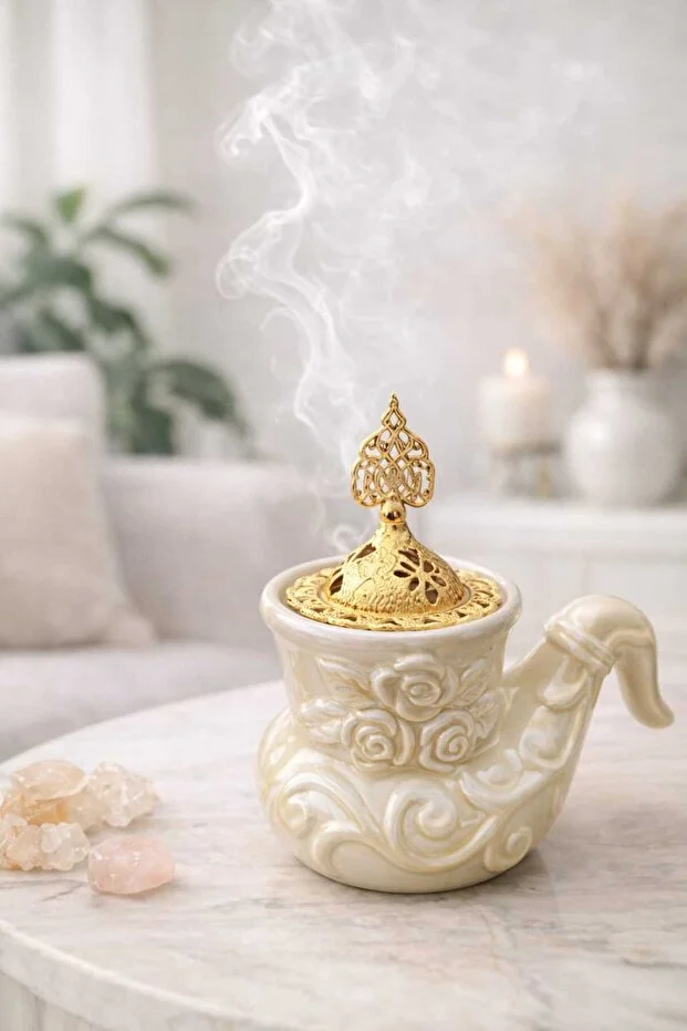 Banum Luxury Şık Tasarım Krem Renklı Seramik Ve Altın Tonlu Buhurdanlık Tütsülük