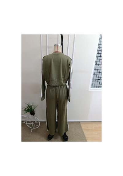 Butik İstanbul Kadın Uzun Kollu Bisiklet Yakalı Kısa Viskon Ikı Iplik Bluz Ve Pantolon Ikili Takım Haki