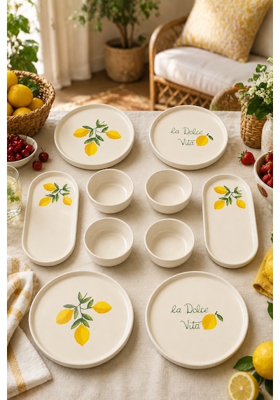 Amalfi 10 Parça 4 Kişilik Stackable Seramik Kahvaltı Takımı Limon Desenli Ayaklı Sunumluklu Sofra Seti Beyaz