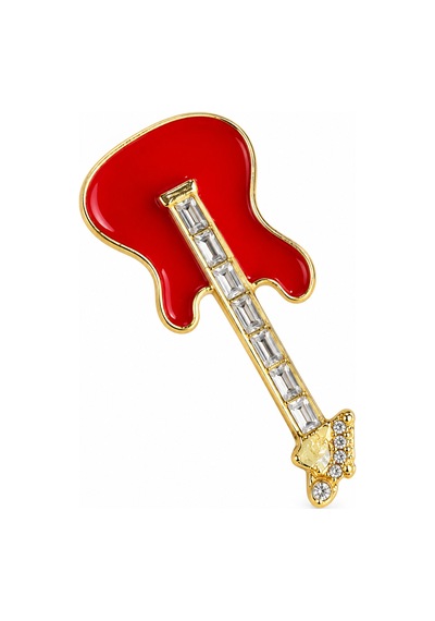 Kırmızı Gitar Figürlü Zirkon Taş Detaylı Gold Renk Broş Müzik Temalı Yaka Aksesuarı Açık Gri