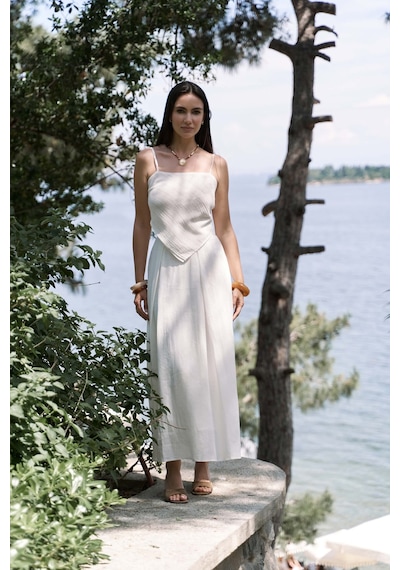 Mai Collection Mai Studios Co. Kita Üçgen Detay Çizgili Ekru Keten Crop Ekru