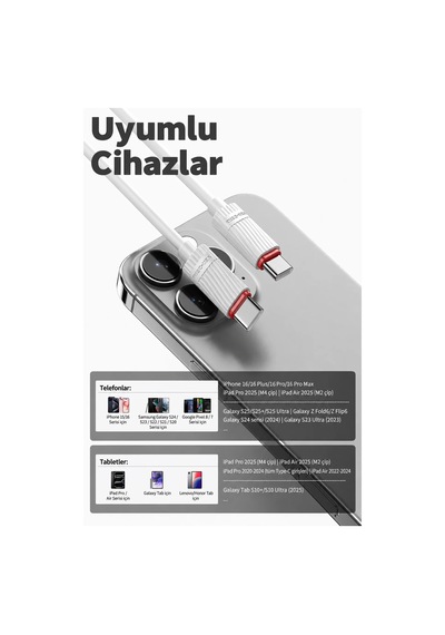 Ven-dens Vd-dc18cc 60 W Pd Type-c To Type-c Hızlı Şarj Ve Veri Kablosu, 1 Metre, Beyaz