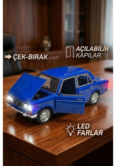 Lada Vaz 2107 Metal Diecast Model Araba 1:24 Ölçek 18cm Sesli Işıklı Çek Bırak Lacivert Çok Renkli