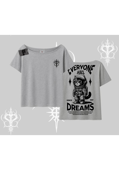 Startmore Startmore Everyone Has Dreams Yazılı Astronot Kedi Arka Baskılı Kayık Yaka Tshirt Gri