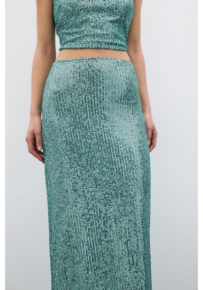 Sateen Fermuarlı Karolin Midi Etek - Mint-135350 Mint