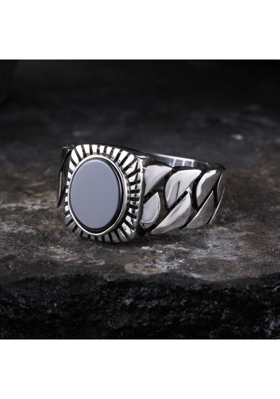 925 Ayar Gümüş Zincir Motifli Oniks Taşlı Erkek Yüzük Silver