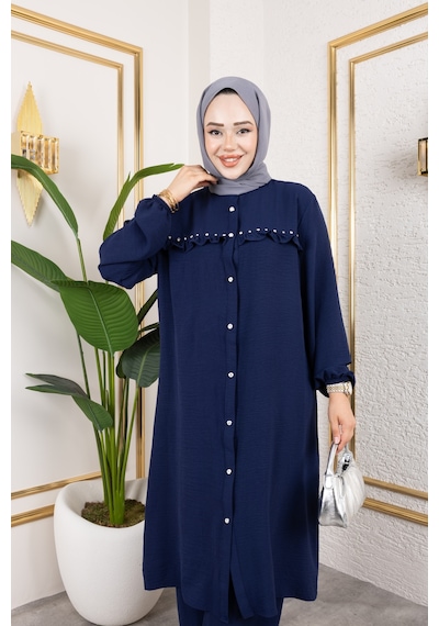 Nevayla Moda Ayrobin Kumaş İnci Detaylı Takım / T105 - Lacivert Lacivert