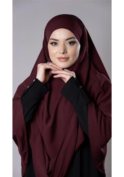 Hürrem Bone Bordo Pratik Hazır Geçmeli Tesettür Eşarp Medine İpeği Bağcıklı Çift Katlı Sufle Hijab 2302 16