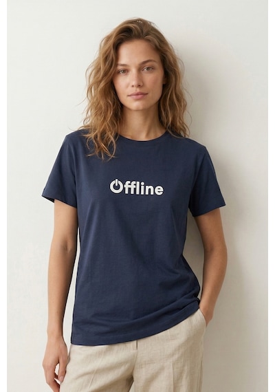 Elemge %100 Pamuk Süprem Pijama Üstü T-shirt Compact Penye Kadın Regular Fit Lacivert Kısa Kol Offline Bask