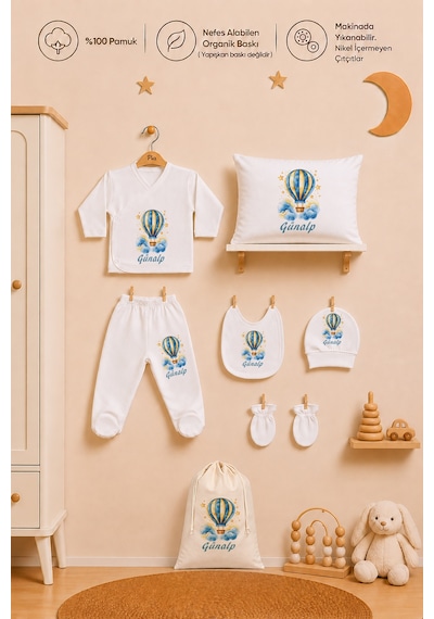 Pia Baby İsme Özel Erkek Bebek Zıbın Seti 8 Parça %100 Pamuk Hastane Çıkışı Keseli Hediye Seti 1061zybk0x Ekru