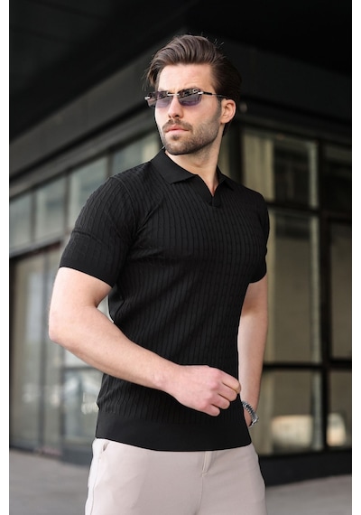 Madmext Siyah Slim Fit Polo Yaka Triko Erkek Tişört E7472 Siyah