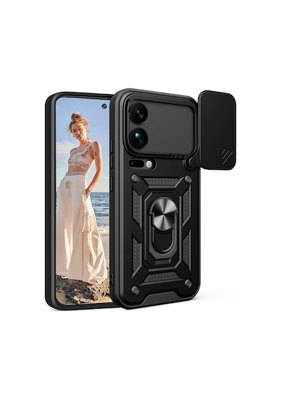 Xiaomi 17 Pro Max İle Uyumlu Kılıf Magnetik Standlı Kamera Korumalı Sürgülü Kapak Siyah